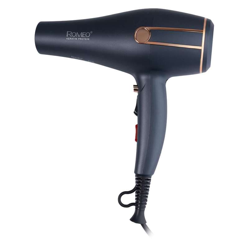 سشوار حرفه‌ای 2400 وات رومئو مدل RM-5050، موتور AC، وزن 450 گرم، المنت فلز، دارای سری متمرکز‌کننده باریک، متمرکز‌کننده پهن با ویژگی صاف‌کنندگی، حجم‌دهندگی، با قابلیت تنظیم دما، باد سرد